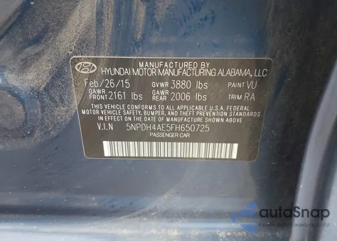 2015 Hyundai Elantra Se from USA, damaged, VIN 5NPDH4AE5FH650725